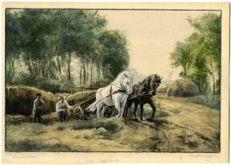 Antique Drawing-FRIESLAND-FRIESLAND-FARMER-WITH-HAYWAIN-AND-HORSES-Eerelman-1909