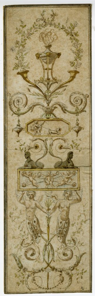 Antique Drawing-NEOCLASSICAL-ORNAMENT-SPHINXES-PUTTI-Anonymous-c.1700