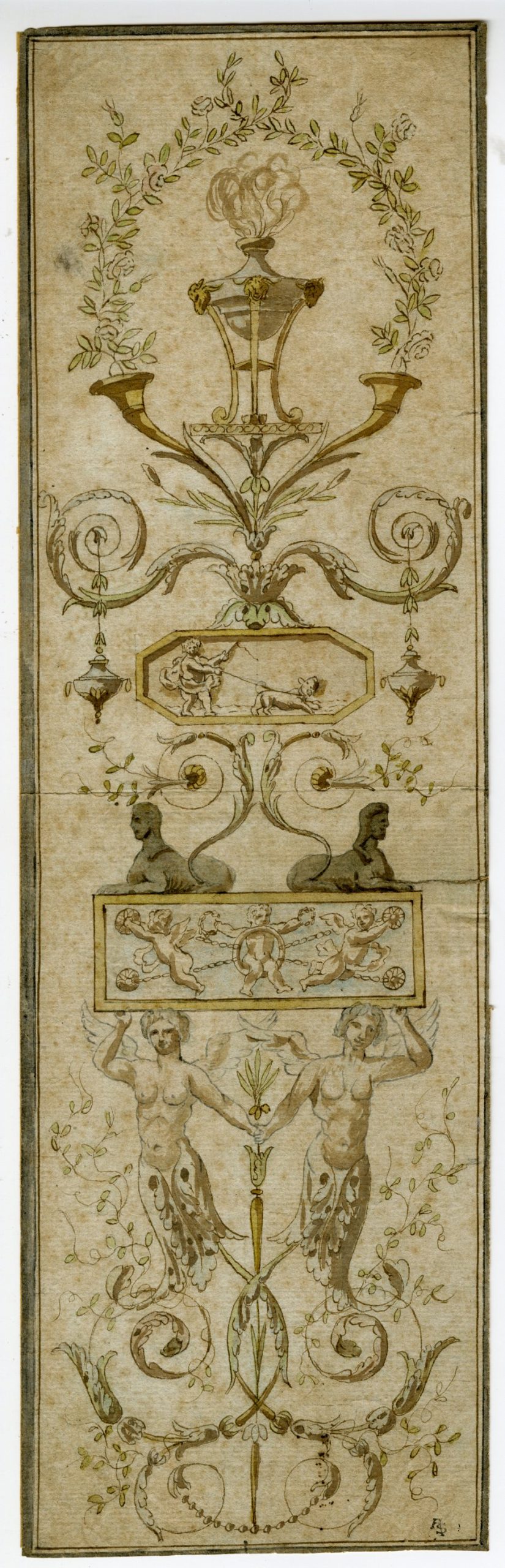 , Antique Drawing-NEOCLASSICAL-ORNAMENT-SPHINXES-PUTTI-Anonymous-c.1700, Pictura Antique Prints