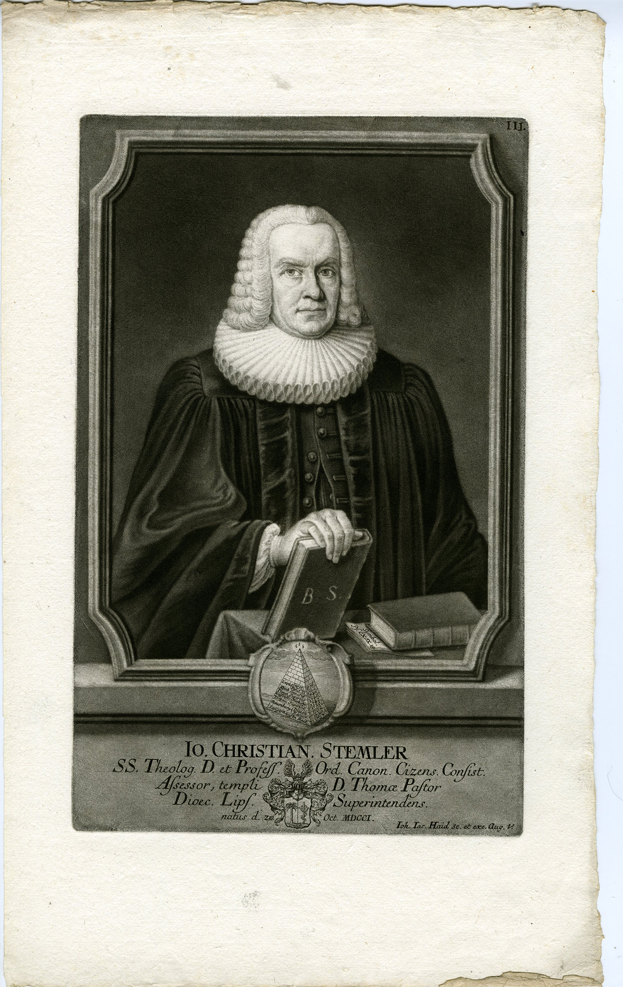 , Antique Master Print-JOHANN-CHRISTIAN-STEMLER-LEIPZIG-THEOLOGIAN-Haid-1757, Pictura Antique Prints