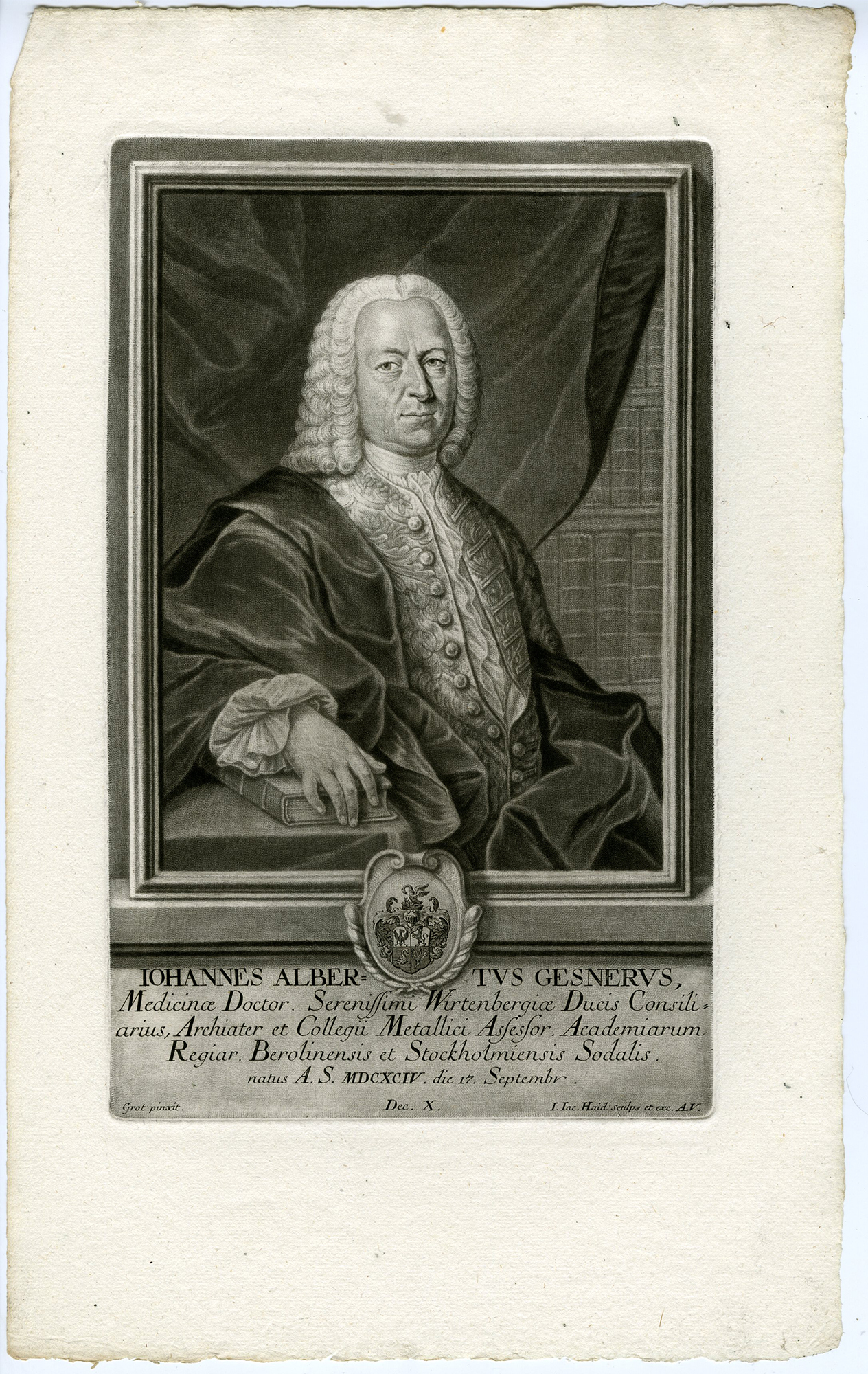 , Antique Master Print-JOHANN-ALBRECHT-GESNER-GERMAN-PHYSICIAN-Haid-Grooth-1757, Pictura Antique Prints