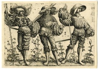 Rare-Antique Master Print-3 SWISS LANDSKNECHTEN-SOLDIERS-Hopfer-Schön-c.1520
