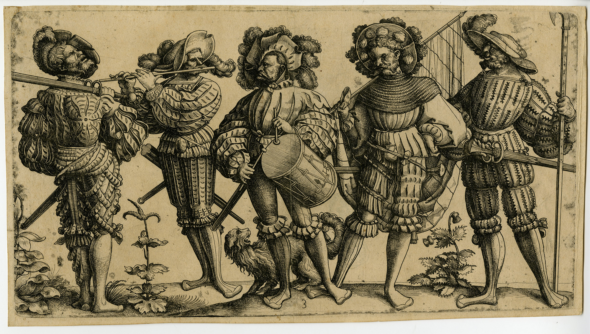 , Rare-Antique Master Print-5 GERMAN LANDSKNECHTEN-SOLDIERS-Hopfer-Beham-c.1520, Pictura Antique Prints