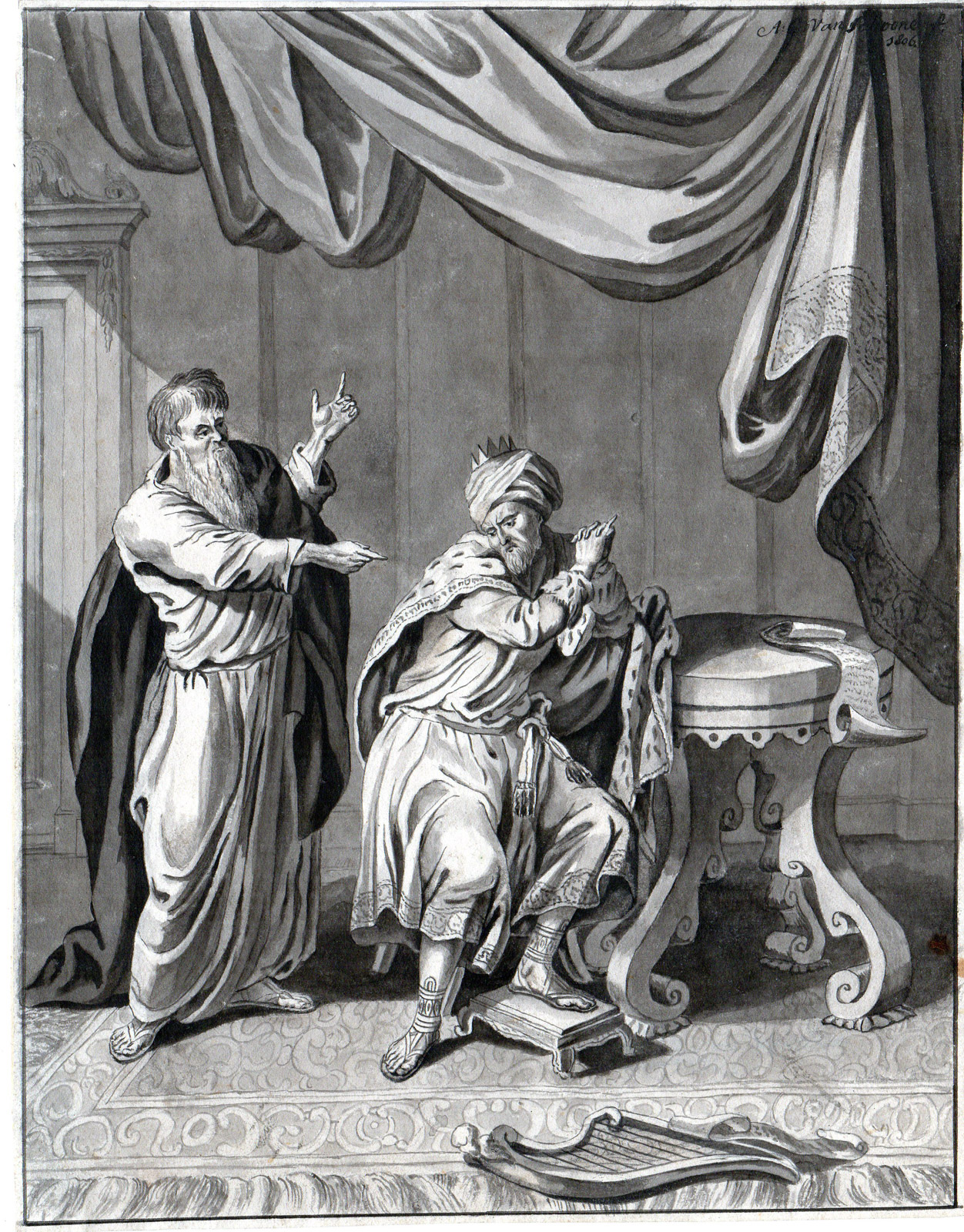 , Antique Drawing-BIBLE-RELIGION-DAVID-NATHAN-HARP-ADULTERY-BATSHEBA- Schoone-1806, Pictura Antique Prints