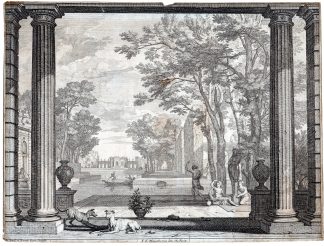 Antique Master Print-LANDSCAPE-GARDEN-COLUMNS-DOGS-WATER-FIGURES-Moucheron-1750