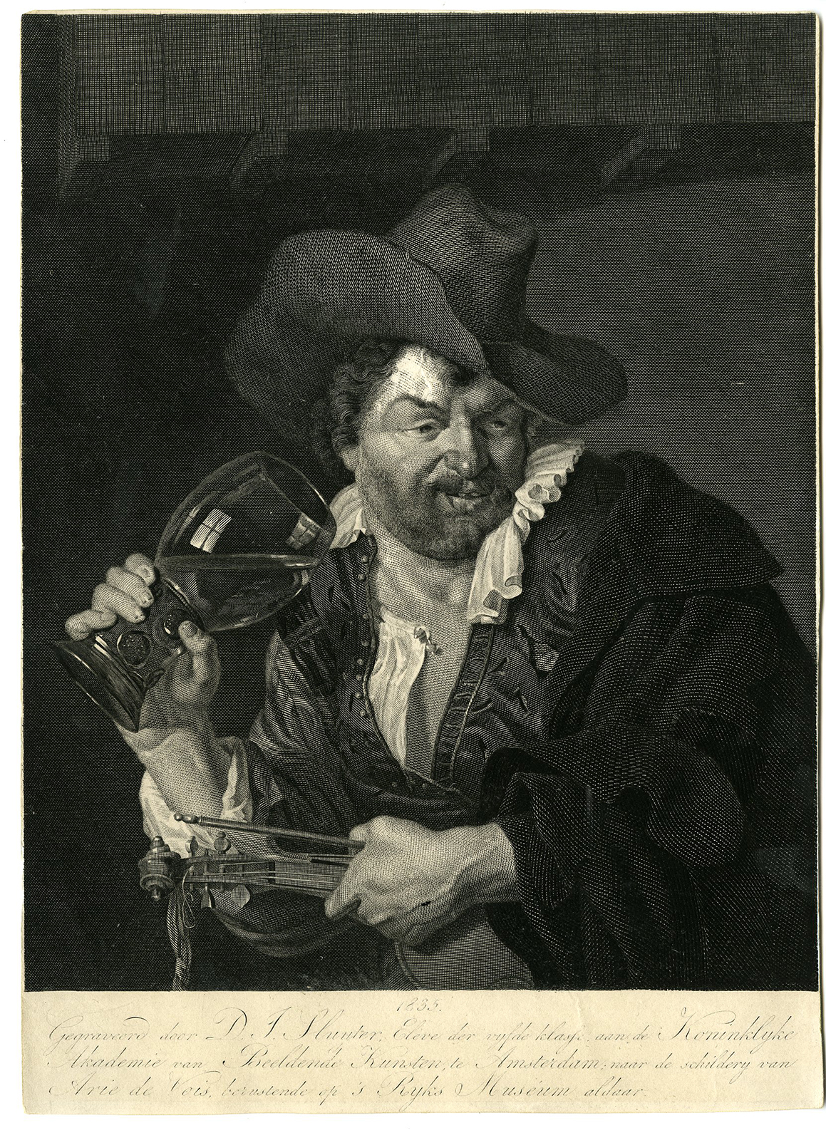 , Antique Master Print-MUSIC-DRINKING-FIDDLER-WINE-PORTRAIT-Sluyter-Vois-1835, Pictura Antique Prints