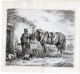 Antique Master Print-ANIMALS-HORSE-EATING-FEEDER-MAN-DOG-HOUSE-Moorrees-1840