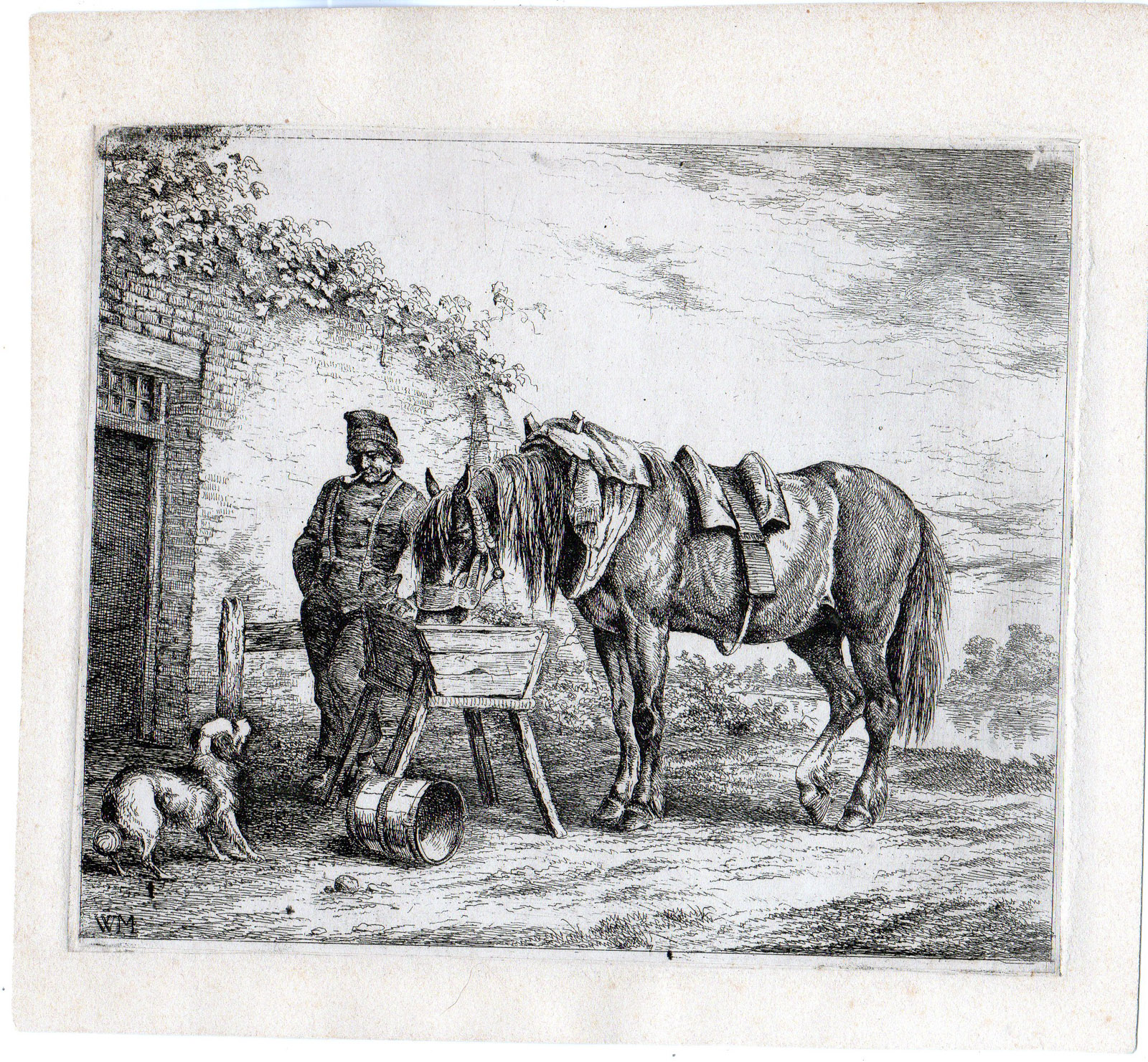 , Antique Master Print-ANIMALS-HORSE-EATING-FEEDER-MAN-DOG-HOUSE-Moorrees-1840, Pictura Antique Prints
