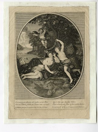 Antique Master Print-MYTHOLOGY-ROMAN-ZEPHYRUS-FLORA-POND-PUTTI-SWAN-Folkema-1740
