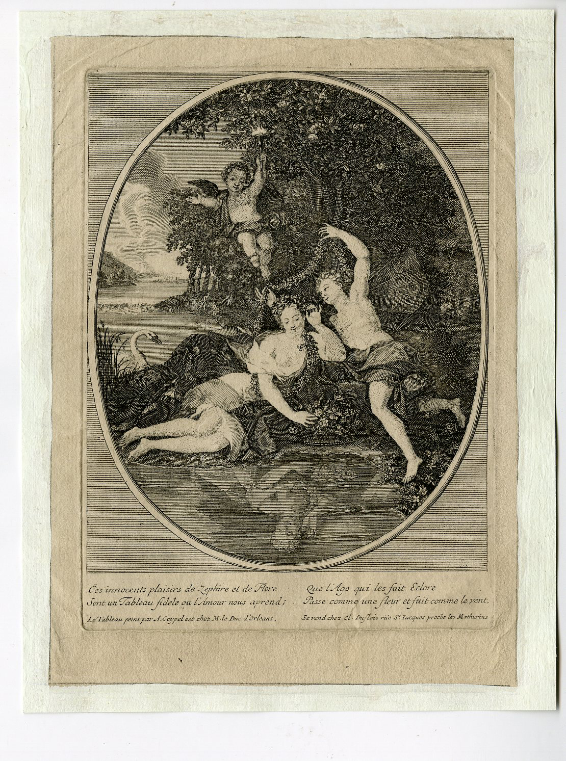 , Antique Master Print-MYTHOLOGY-ROMAN-ZEPHYRUS-FLORA-POND-PUTTI-SWAN-Folkema-1740, Pictura Antique Prints
