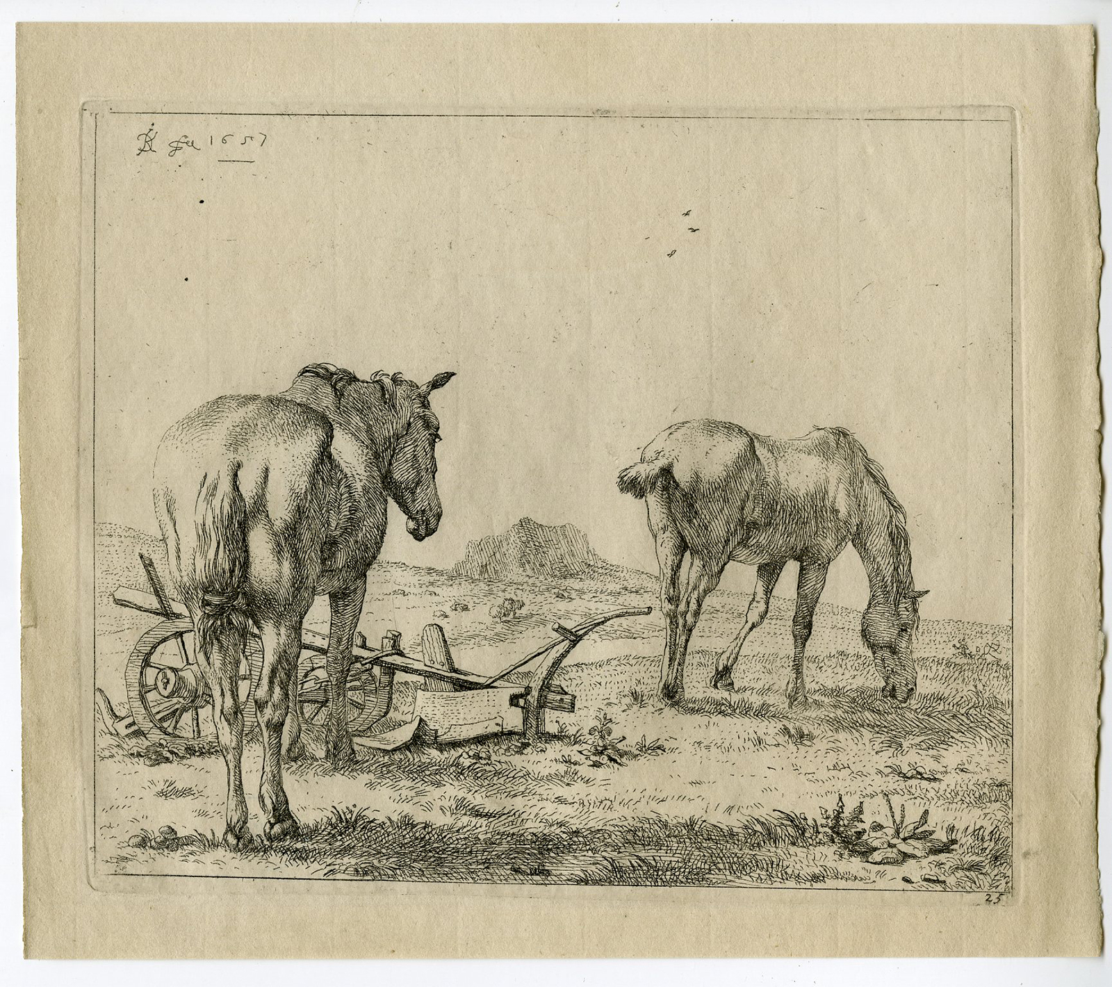 , Antique Master Print-ANIMALS-LANDSCAPE-HORSES-PLOW-du Jardin-1653, Pictura Antique Prints