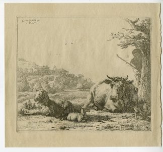 Antique Master Print-LANDSCAPE-COW-SHEEP-SHEPARD-TREE-BUILDINGS-du Jardin-1653