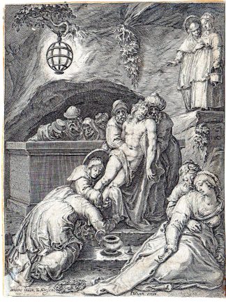 Antique Master Print-BLIBLE-ENTOMBMENT-JESUS-MARY MAGDALENE-Dolendo-c1598