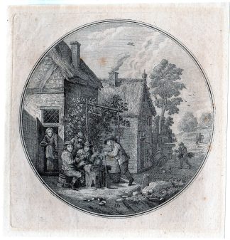 Antique Master Print-VILLAGE SCENE-BARREL-TAVERN-LB-Teniers the younger-1700
