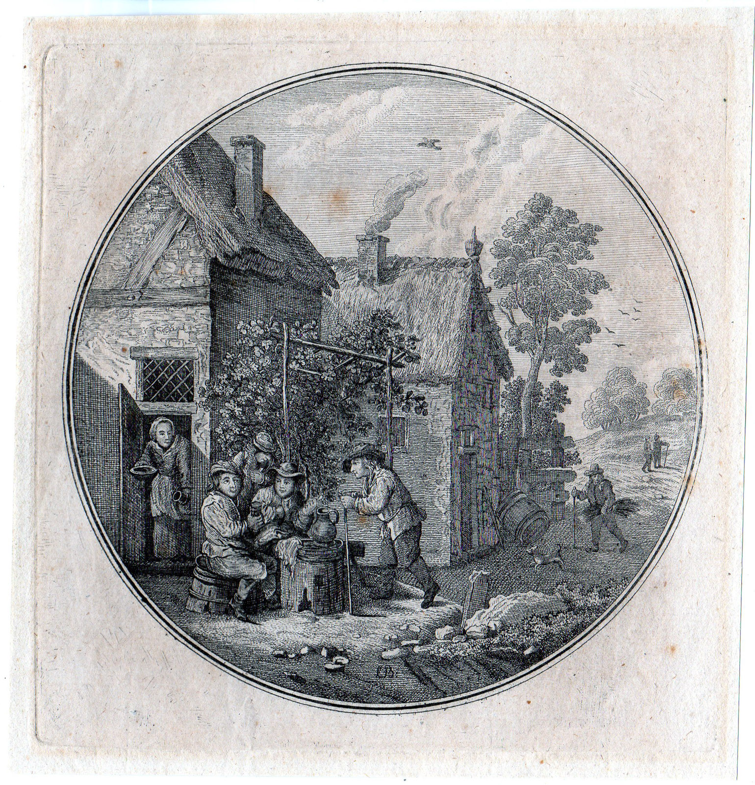 , Antique Master Print-VILLAGE SCENE-BARREL-TAVERN-LB-Teniers the younger-1700, Pictura Antique Prints