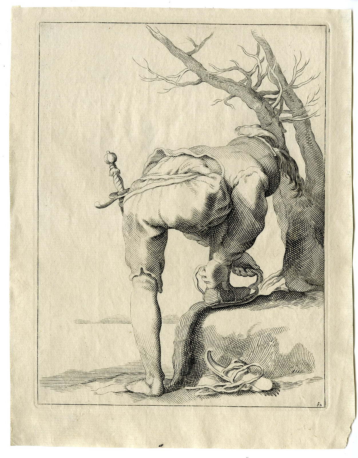 , Antique Master Print-SKATES-MAN-TREE-WINTER-COLD-DAGGER-Bloemaert-ca 1650, Pictura Antique Prints