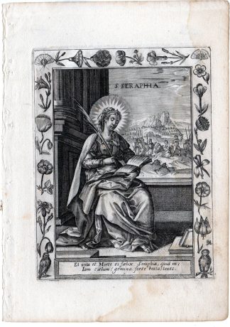 Antique Master Print-PORTRAIT-SAINT SERAPHIA-MARTYR-SAINT-FLOWERS-Collaert-c1610