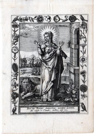 Antique Master Print-PORTRAIT-SAINT PRISCA-ROME-LIONS-MARTYR-Collaert-c1610
