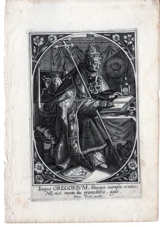 Antique Master Print-PORTRAIT-SAINT GREGORIUS-POPE-FLOWERS-Wierix-c.1650