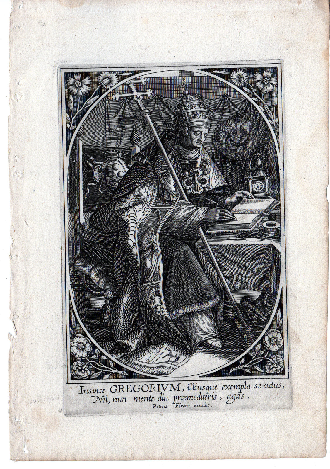 , Antique Master Print-PORTRAIT-SAINT GREGORIUS-POPE-FLOWERS-Wierix-c.1650, Pictura Antique Prints
