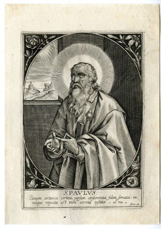Antique Master Print-PORTRAIT-SAINT PAUL-RELIGION-FLOWERS-BIBLE-Wierix-c.1650
