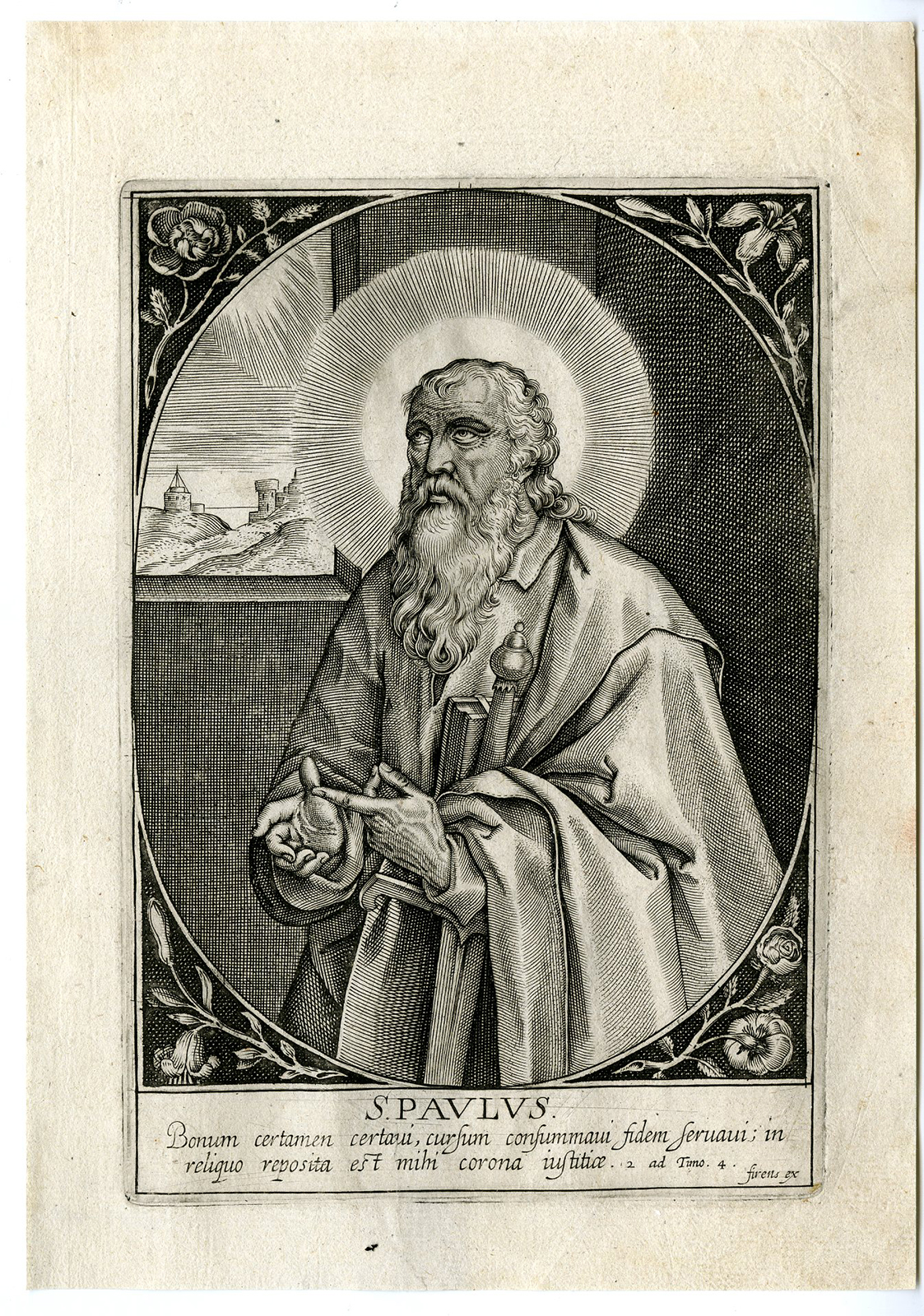 , Antique Master Print-PORTRAIT-SAINT PAUL-RELIGION-FLOWERS-BIBLE-Wierix-c.1650, Pictura Antique Prints