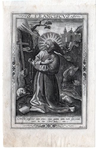 Antique Master Print-SAINT FRANCIS-PAOLA-CRUCIFIX-RELIGION-SKULL-Wierix-c.1650