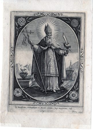Antique Master Print-SAINT BONIFACE-ARCHBISHOP-MARTYR-DOKKUM-SWORD-Wierix-c.1650
