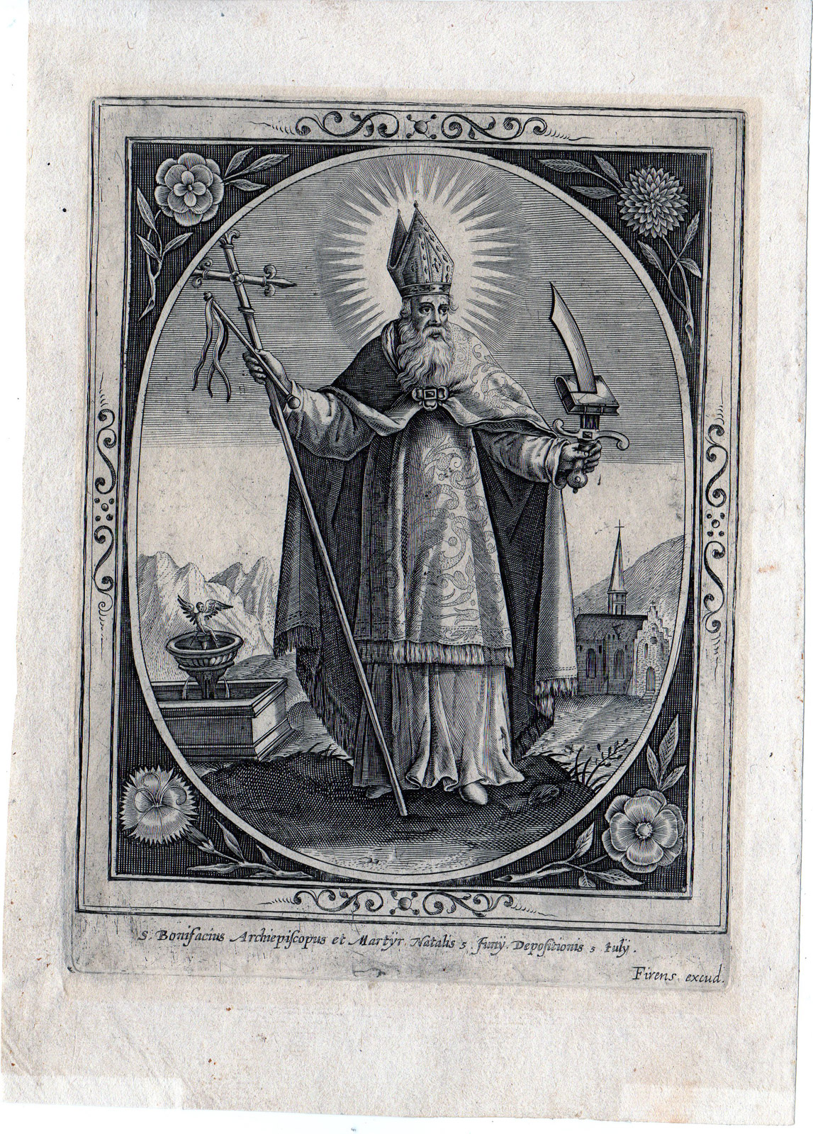 RB 4018 416x580 Antique Master Print-SAINT BONIFACE-ARCHBISHOP-MARTYR-DOKKUM-SWORD-Wierix-c.1650