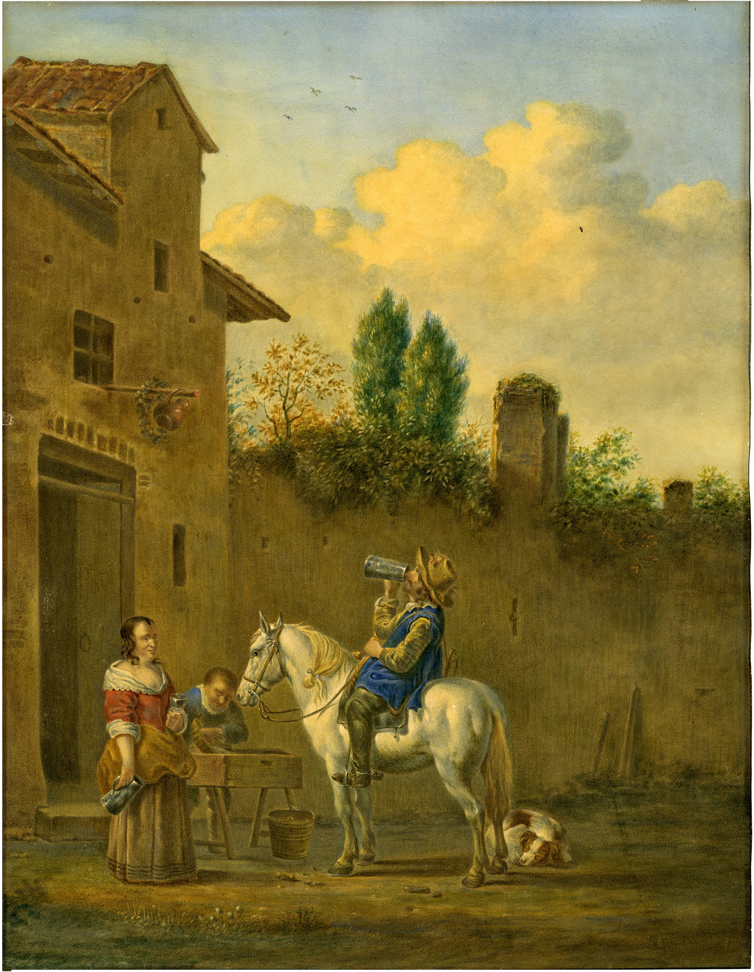 Pictura 13660 416x536 Antique Print-MOUNTED-TRUMPETER-DRINKING-INN-SCENE-Du Jardin-19th c.