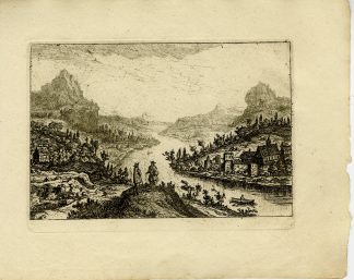 Antique Master Print-TWO-TRAVELLERS-RIVER-VALLEY-VILLAGE-Van Almeloveen-1810