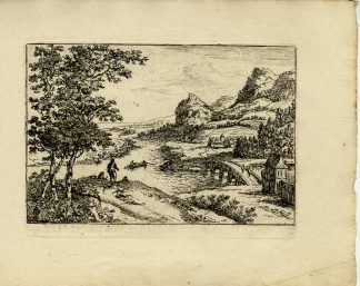 Antique Master Print-STONE-BRIDGE-RIVER-MOUNTAIN-LANDSCAPE-Van Almeloveen-1810