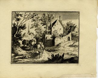 Antique Master Print-CHURCH-HORSE-WAGON-VILLAGE-FARM-Genoels-Van der Meulen-1814