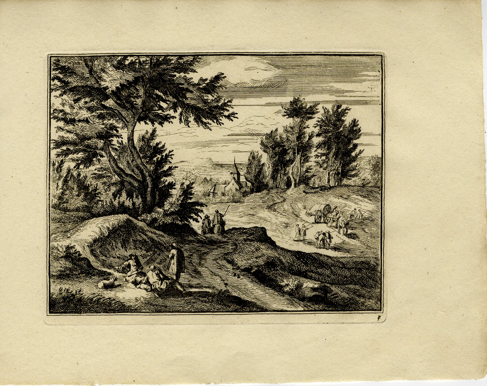 Pictura 13721 416x330 Antique Master Print-SHEPHERDS-HORSEMEN-WAGON-CHURCH-Genoels-Van der Meulen-1813