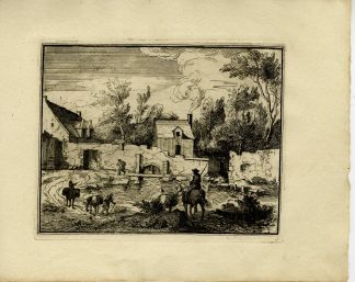 Antique Master Print-FARM-STREAM-HORSEMEN-LIVESTOCK-Genoels-Van der Meulen-1812