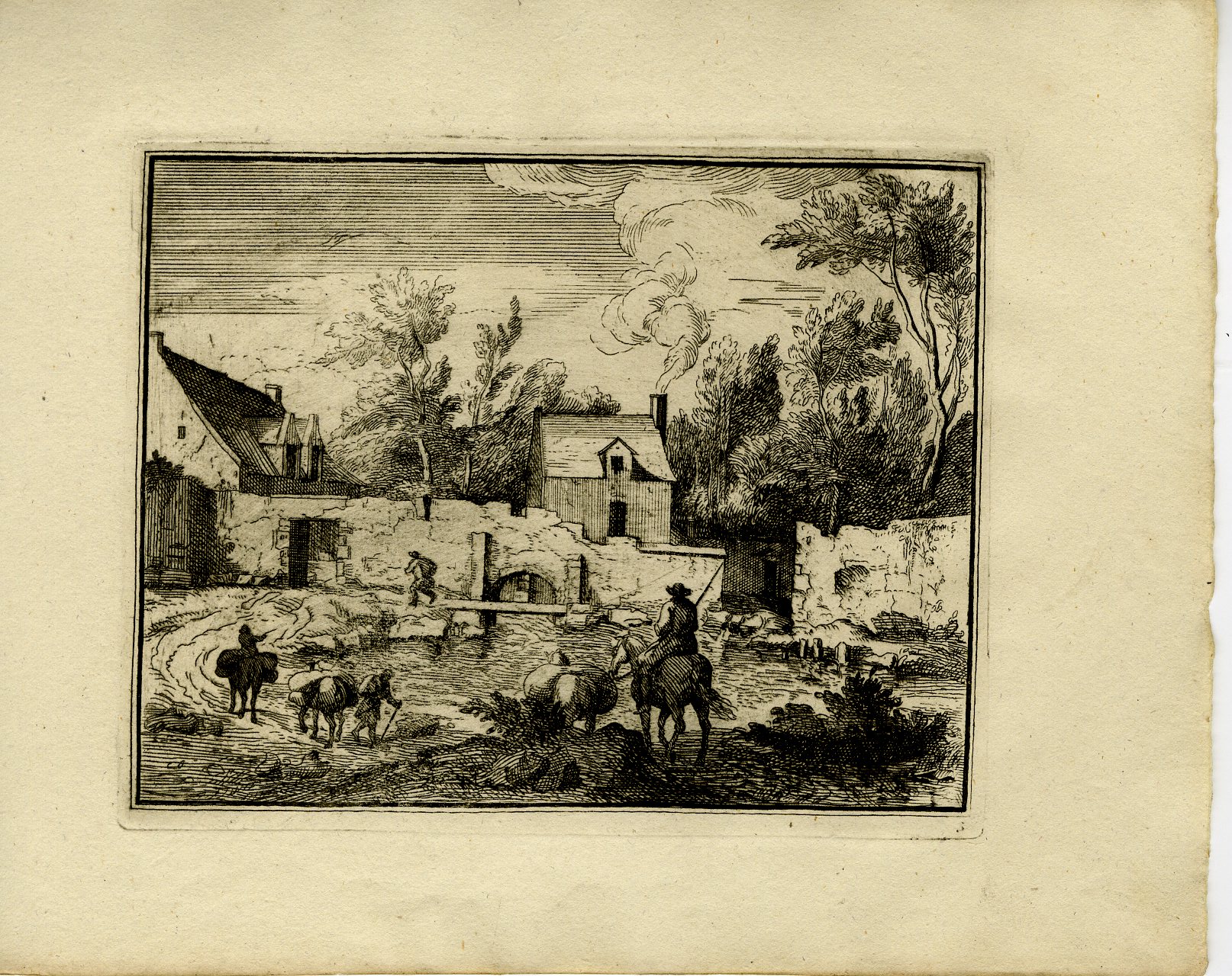 Pictura 13722 416x330 Antique Master Print-FARM-STREAM-HORSEMEN-LIVESTOCK-Genoels-Van der Meulen-1812
