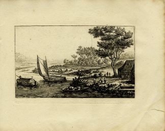 Antique Master Print-RIVER-LANDSCAPE-THREE-BOATS-COTTAGE-Almeloveen-1810