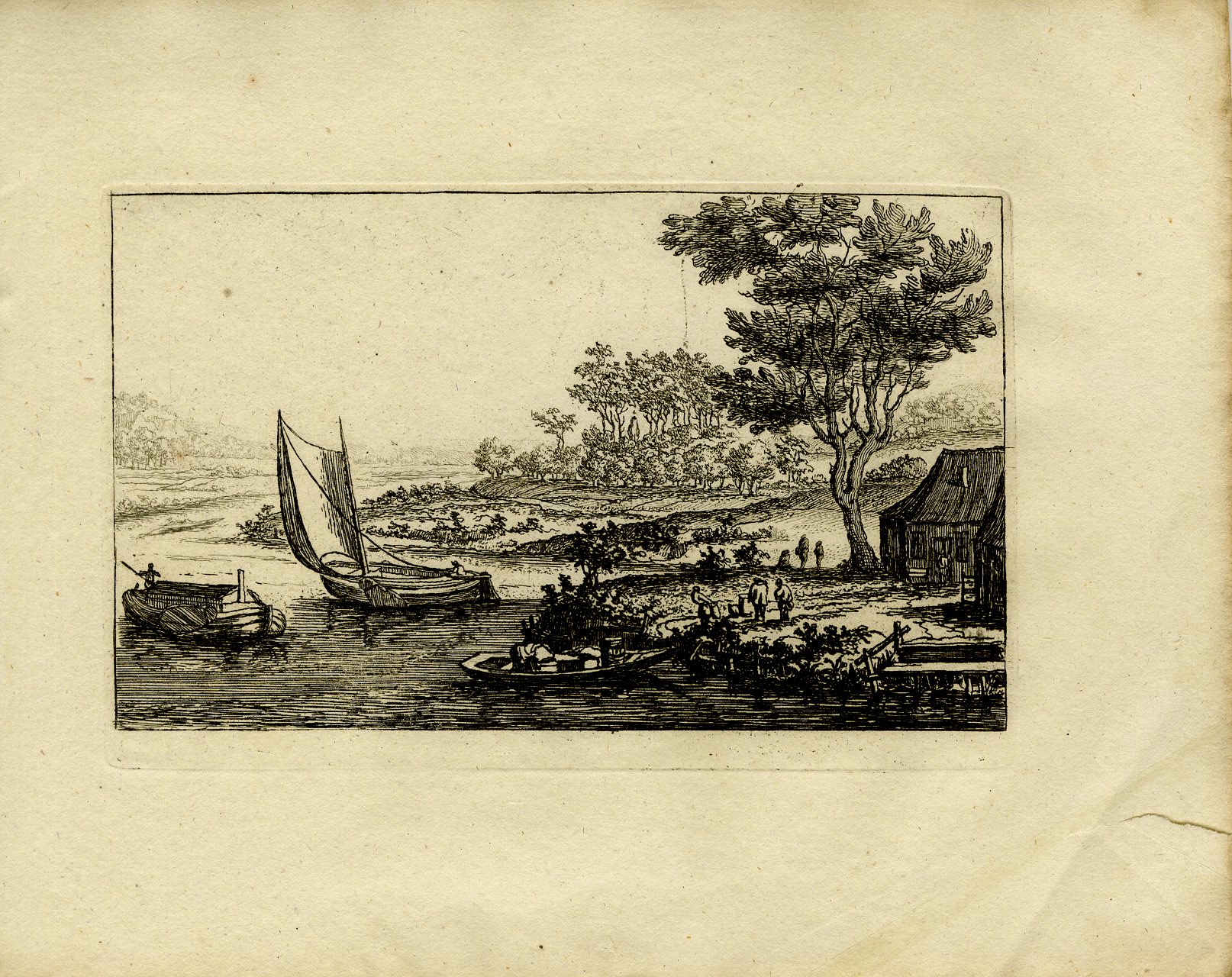 Pictura 13729 416x330 Antique Master Print-RIVER-LANDSCAPE-THREE-BOATS-COTTAGE-Almeloveen-1810