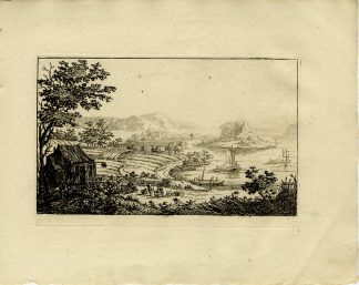 Antique Master Print-RIVER-LANDSCAPE-ROCKY-ISLAND-SAILING-BOATS-Almeloveen-1810