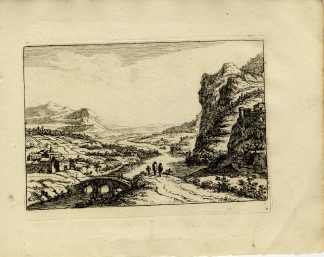 Antique Master Print-RIVER-LANDSCAPE-BRIDGE-CLIFFSIDE-CASTLE-Almeloveen-1810