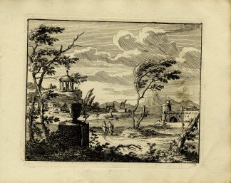 Antique Master Print-ARCADIAN-LANDSCAPE-CLASSICAL-RUINS-GARDEN-VASE-Schenk-1814