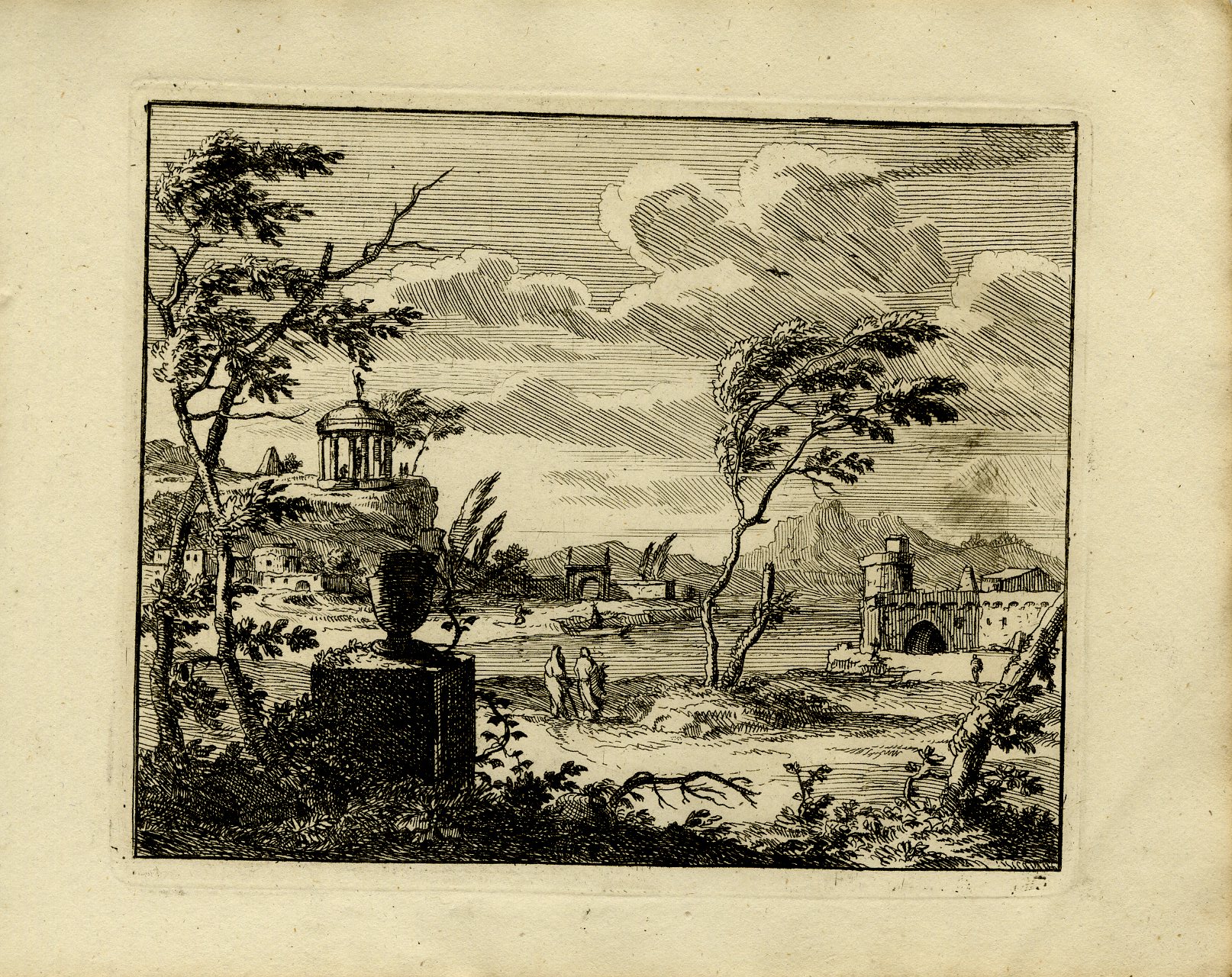 Pictura 13733 416x330 Antique Master Print-ARCADIAN-LANDSCAPE-CLASSICAL-RUINS-GARDEN-VASE-Schenk-1814