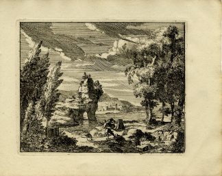 Antique Master Print-RIVER-LANDSCAPE-LONE-WALKER-BRIDGE-WINDY-SCENE-Schenk-1812