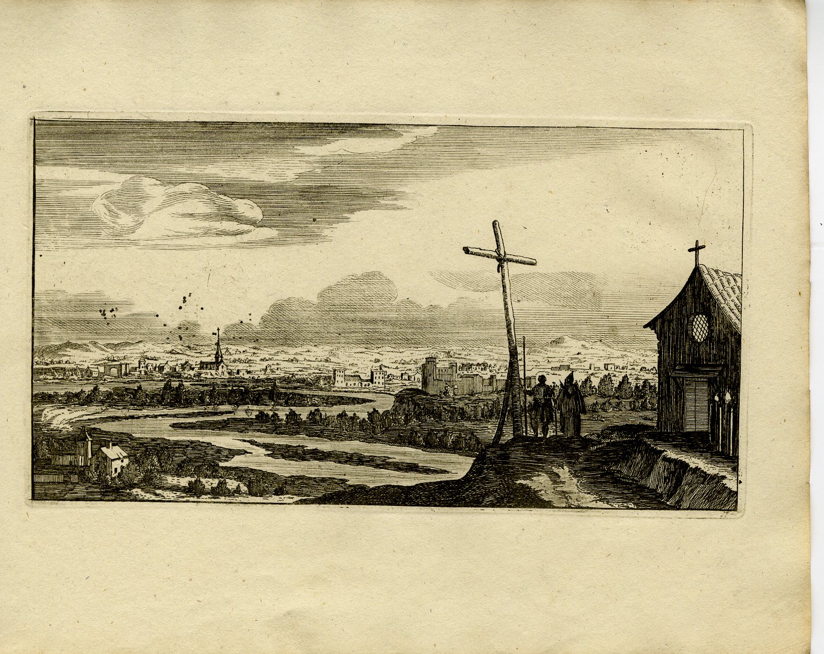 Pictura 13741 416x330 Antique Master Print-CHAPEL-CROSS-FORTIFIED-TOWN-RIVER-LANDSCAPE-Le Clerc-1810