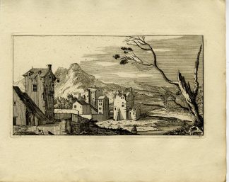 Antique Master Print-MOUNTAIN-VILLAGE-HOUSES-TOWERS-LANDSCAPE-Le Clerc-1810