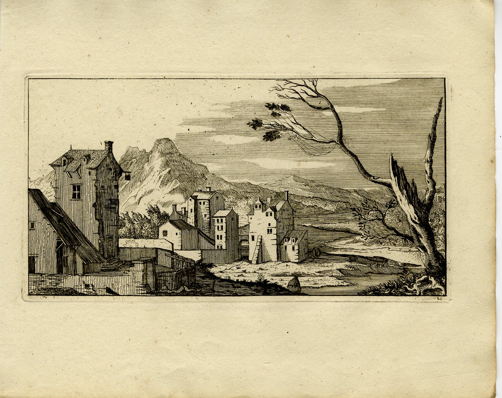 Pictura 13742 416x330 Antique Master Print-MOUNTAIN-VILLAGE-HOUSES-TOWERS-LANDSCAPE-Le Clerc-1810