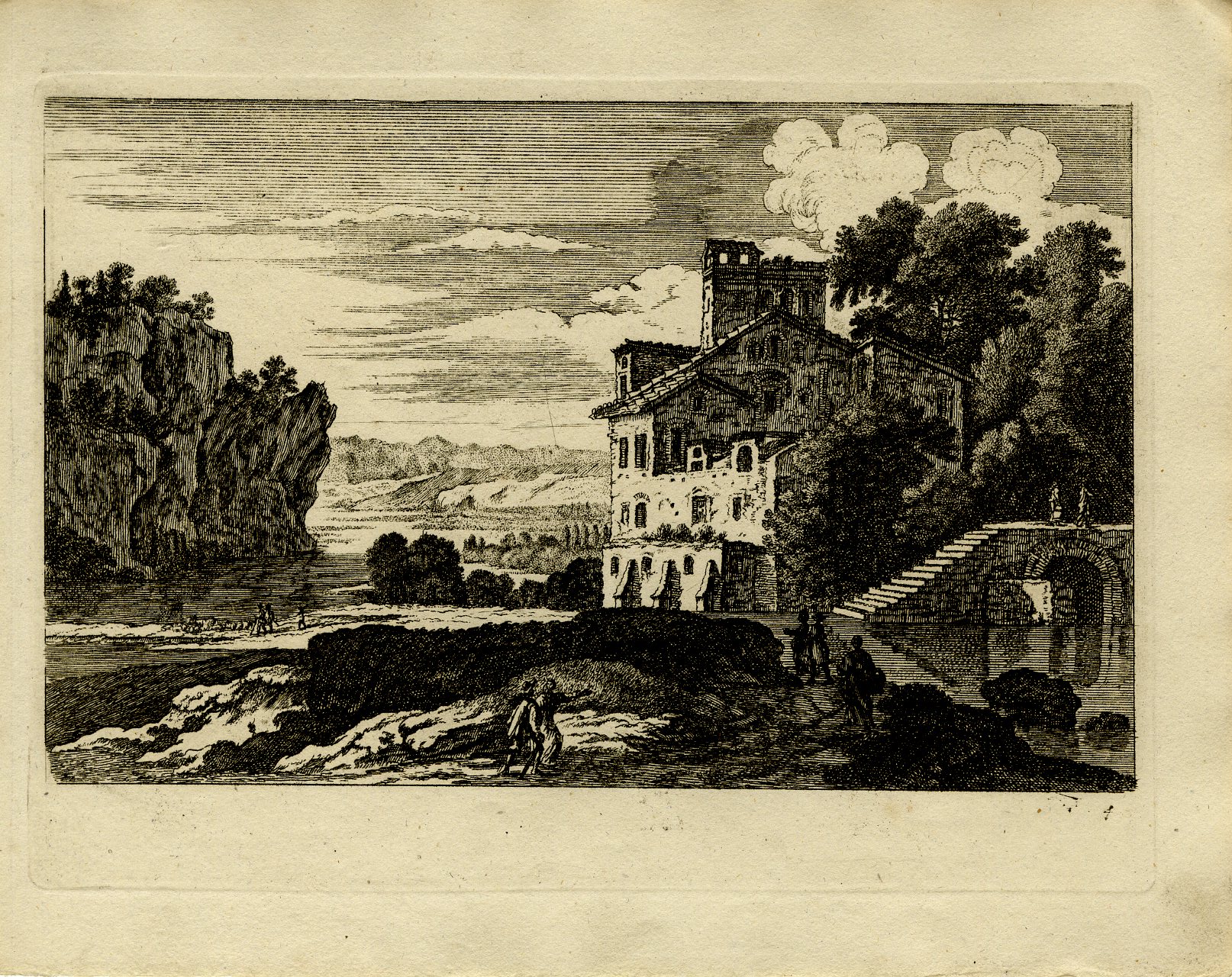 Pictura 13751 416x330 Antique Master Print-HOUSE-NEAR-RIVER-PASTORAL-LANDSCAPE-BRIDGE-Perelle-1810