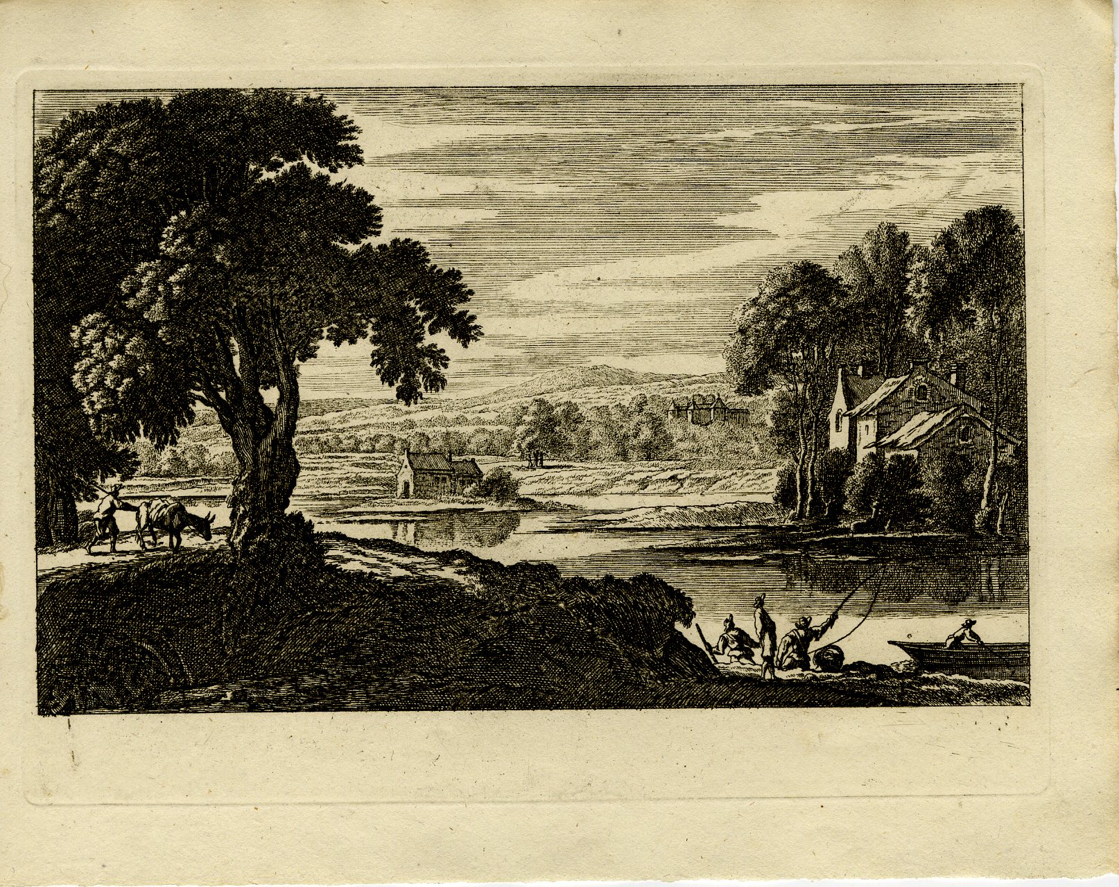 Pictura 13752 416x330 Antique Master Print-RIVER-LANDSCAPE-FISHERMEN-COTTAGES-HORSEMAN-Perelle-1810