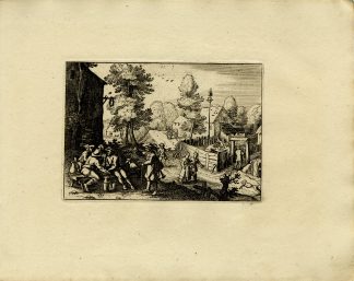 Antique Master Print-DRINKING-PEASANTS-BAGPIPER-VILLAGE-GENRE-SCENE-Merian-1810