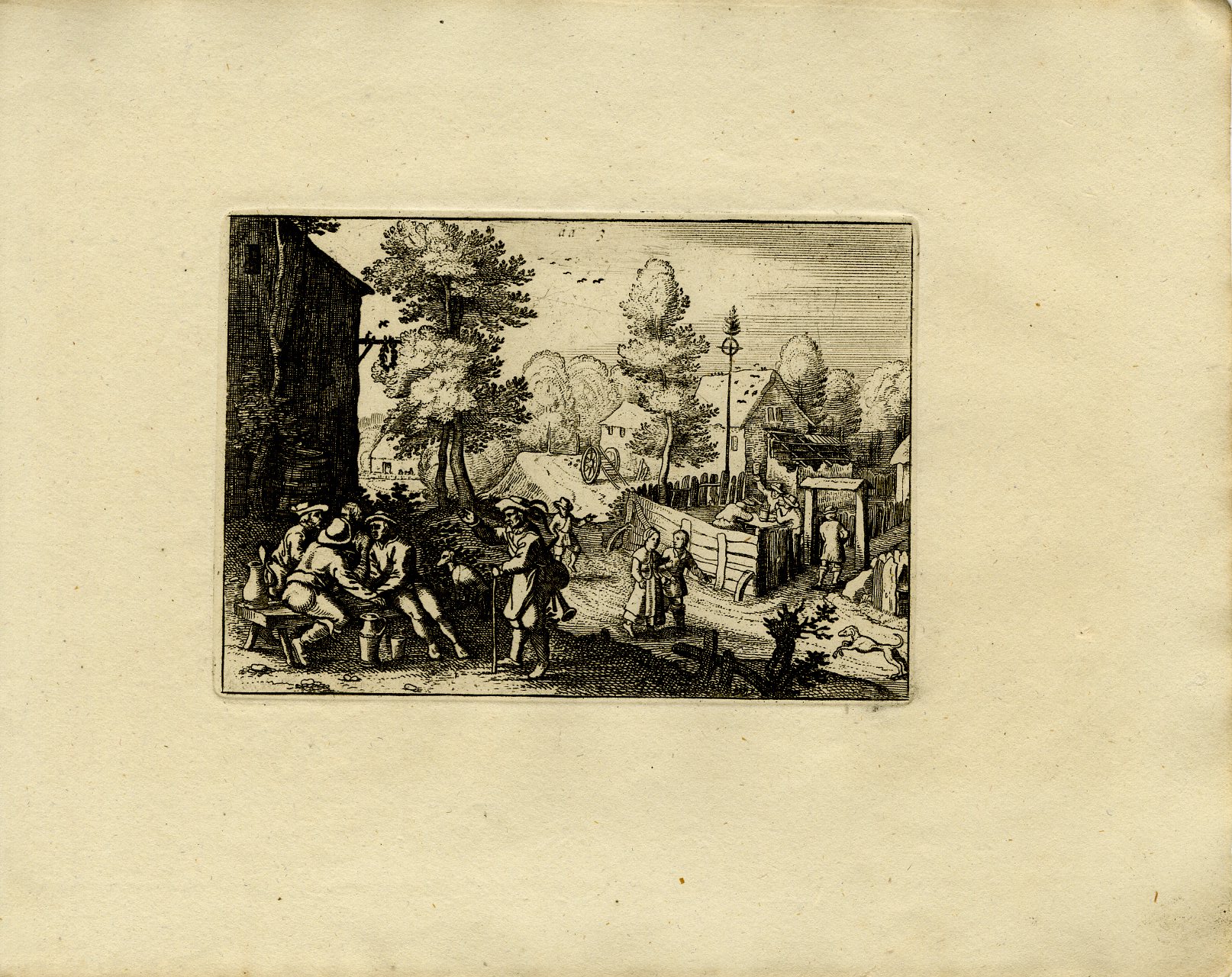 Pictura 13753 416x330 Antique Master Print-DRINKING-PEASANTS-BAGPIPER-VILLAGE-GENRE-SCENE-Merian-1810